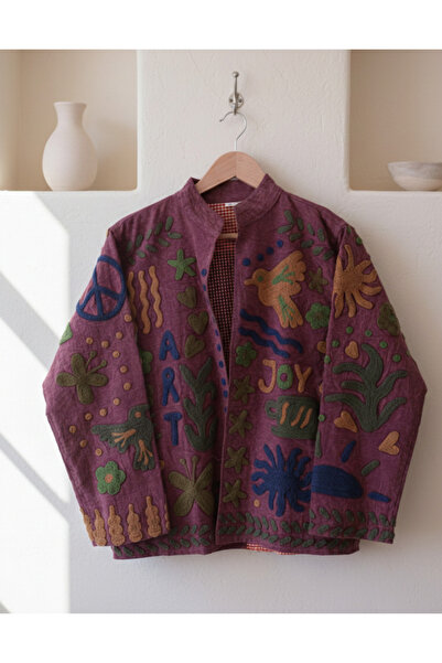 Yoncha Kadın Ceket Nakış Detaylı Dokuma %100 Pamuklu