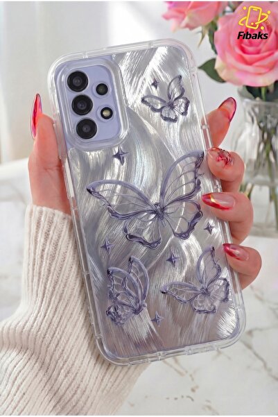 Fibaks Galaxy A13 Kılıf Sök Tak Kamera Korumalı Parlak Hologramlı Kelebek Des...