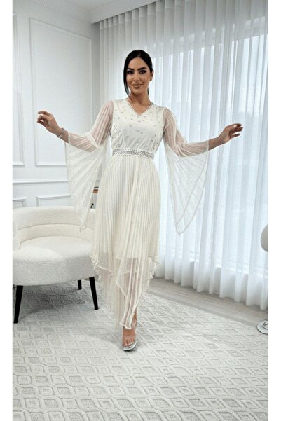 alqarat فستان رقيق بأكمام واسعة من قماش بليسيه