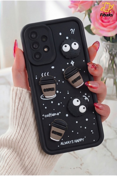 Fibaks Galaxy A23 Kılıf Tasarımlı Desenli Kamera Korumalı Coffee Kurabiye Siy...