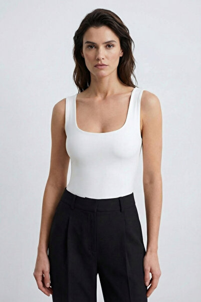 Qaju Satin Tank Top - Round Neck, Chest Inserts, Sling - Ecru