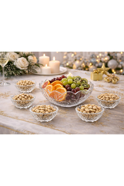 OEM Set of 7 glass bowls with floral pattern, 1 large bowl 23 cm + 6 small bo...