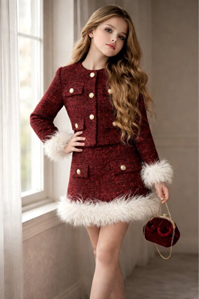 Girls Tweed Jacket-Skirt & Bag 3-Piece Set – Stylish Feather Detailed Holiday Outfit