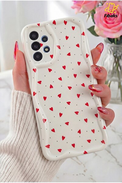 Fibaks Galaxy A32 4G Kılıf Kamera Korumalı Dalga Kenarlı Kırmızı Kalp Desenli...