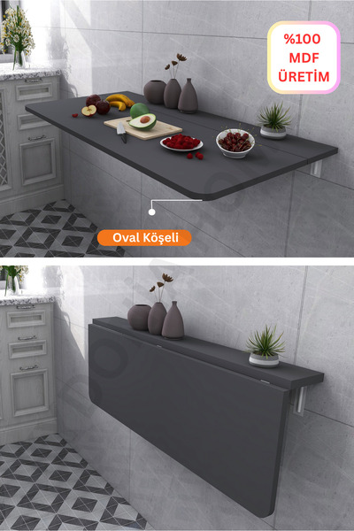 Kydonia Home 60x90 cm Oval Köşeli Antrasit Sabit Raflı Duvara Monte Kırma Kat...