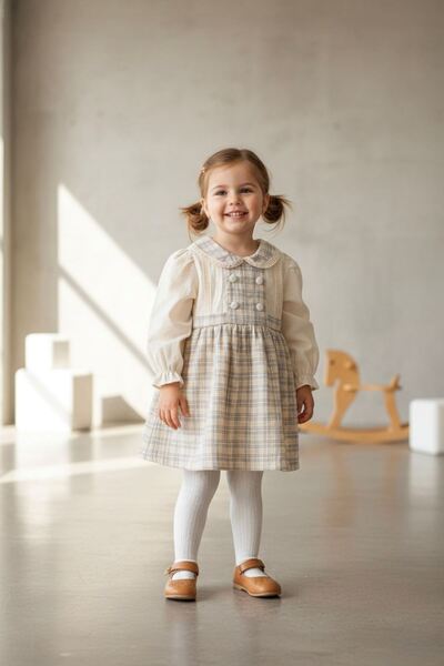 Minigimin Cicileri My Little Girl's Plaid Button Detailed Cotton Dress - Blue