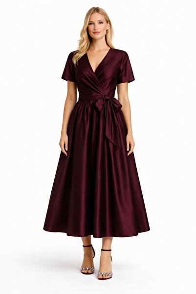 UNTIMELY فستان تافيتا متوسط ​​الطول أنيق بأكمام قصيرة وإغلاق مزدوج الصدر وحزام