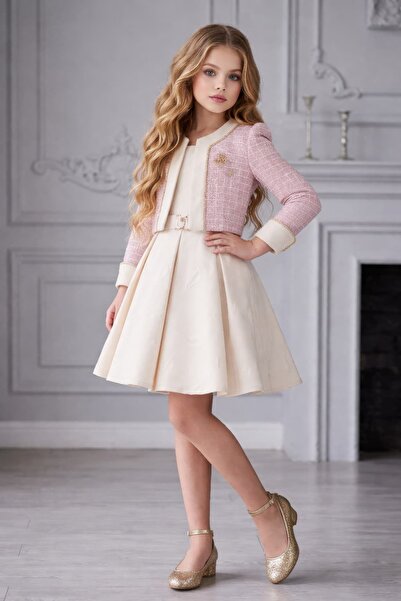 By Feyza Kids Collection Kız Çocuk 3'lü Takım,Pamuklu Tüy Desenli Elbise,Kısa...