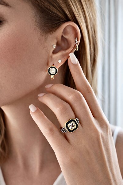 Sense of Atelier Noir Luxe Black Framed Baguette Stone Gold Color Earrings