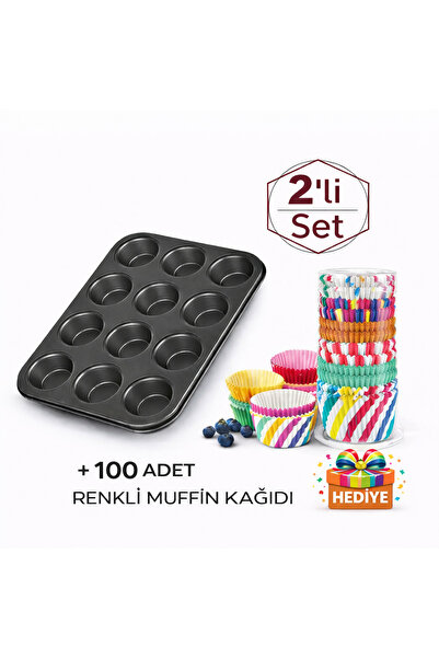 Muffin 2,li Seti - 12 Gözlü Kek Kalıbı + 50 Adet Renkli Kağıdı