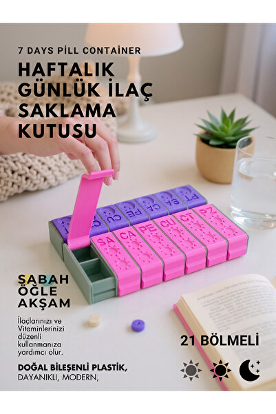 AC BOX Haftalık Sabah Akşam İlaç Kutusu 21 Bölmeli Günlük Düzenleyici Plastik...