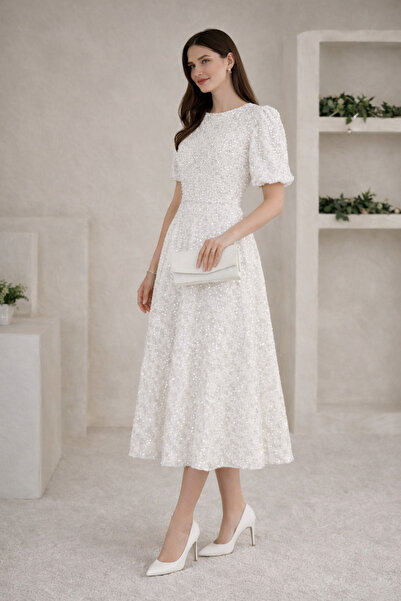 Elbee Fashion Woman Ekru Midi Boy Pul Payet Elbise