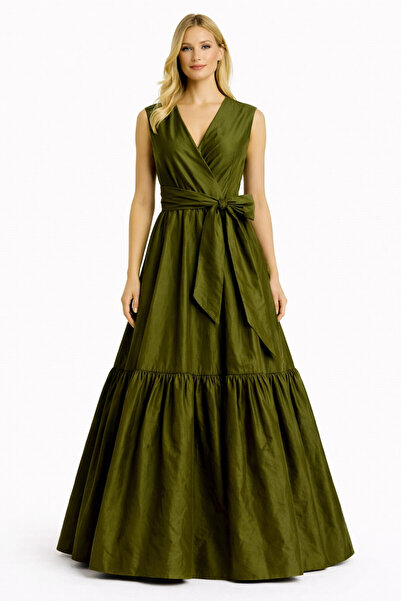 UNTIMELY فستان طويل من التفتا مع إغلاق مزدوج الطبقات وكشكشة