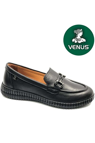 Venüs حذاء راقصة الباليه كاجوال للنساء من الجلد الطبيعي من لاروس باللون الأسود