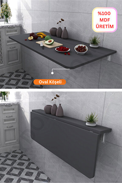 Kydonia Home 90x60 cm Oval Köşeli Antrasit Renk Sabit Raflı Duvara Monte Kırm...