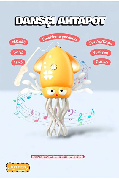 Joyfer Emeklemeye Yardımcı Şarjlı Dansçı Işıklı Müzikli Oltalı Ahtapot Oyunca...