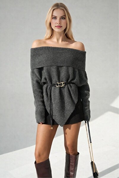 LOOSH Kadın Antrasit Omuz Açık Asimetrik Kesim Kazak