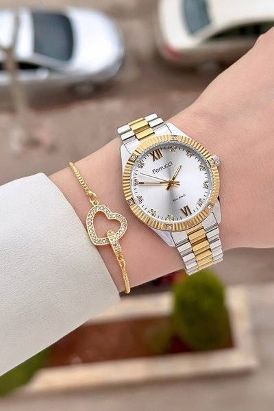 Ferrucci Gold Gray Color Adjustable Cord Women's Wrist Watch and Bracelet
