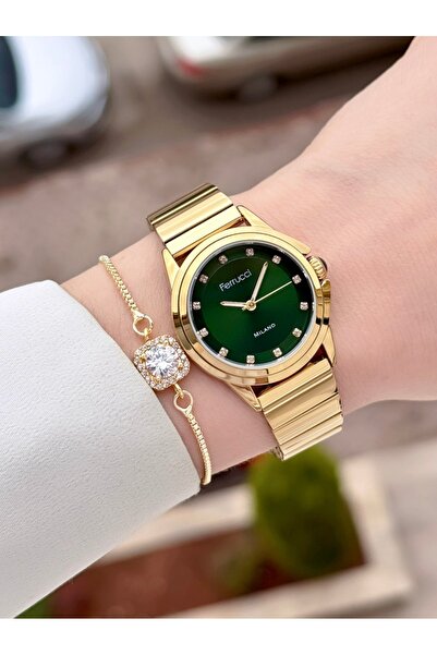 Ferrucci Women's Wrist Watch and Bracelet with Green Dial Gold Color Adjustab...