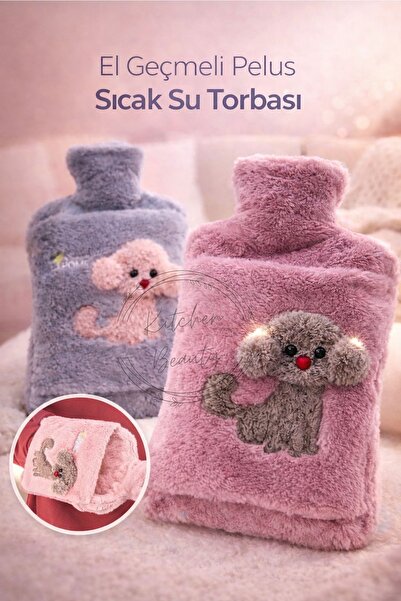 İndirimKap Peluş Kılıflı Köpek Emojili Sıcak Su Torbası 2 Litre Cepli El Geçm...