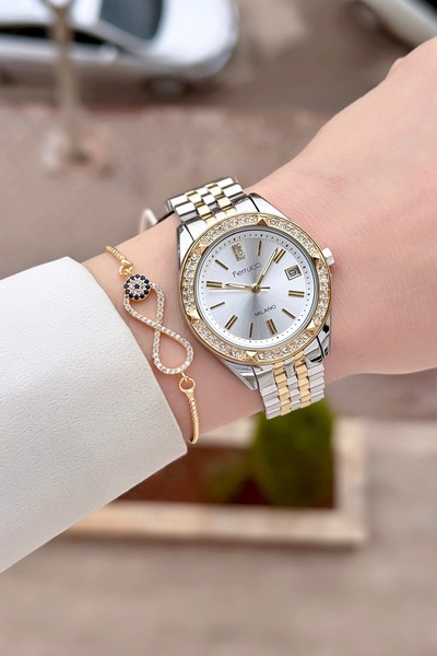 Ferrucci Gold Gray Color Adjustable Cord 34 mm Women Wrist Watch & Bracelet