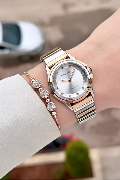 Ferrucci Rose Gray Color Adjustable Cord Women Wrist Watch & Bracelet