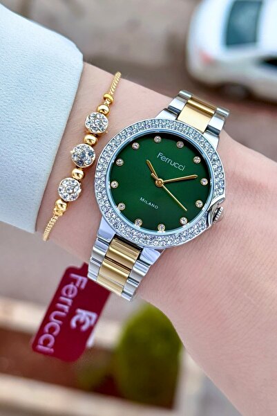 Ferrucci ساعة يد نسائية بسوار ذهبي معدني باللون الأخضر