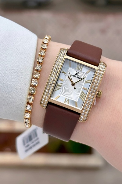 Daniel Klein Case Gold Cord Brown Color Women's Wrist Watch and Bracelet