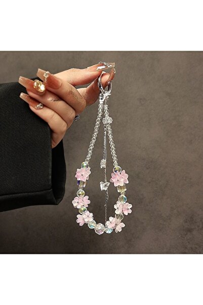 Choice قلادة هاتف محمول مزينة بخرز كريستالي على شكل زهرة وردية اللون، قصيرة و...