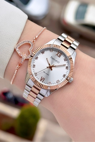 Ferrucci ساعة يد نسائية وسوار بلون برونزي معدني مع ضمان لمدة عامين