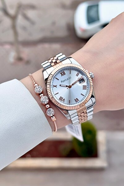 Ferrucci Rose Gray Color Adjustable Cord Women Wrist Watch & Bracelet