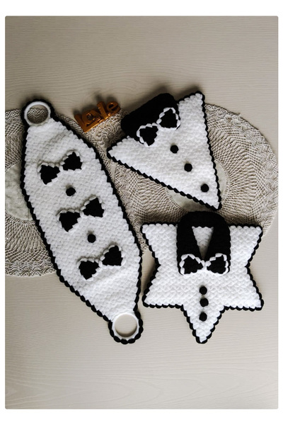 Meyra Home Çeyizlik Hediyelik El Örgüsü 3'lü Siyah Beyaz Damat Lif Seti