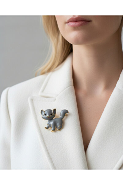 modamira Kedi Broş - Gri -En: 3,5 cm / Boy: 3 cm