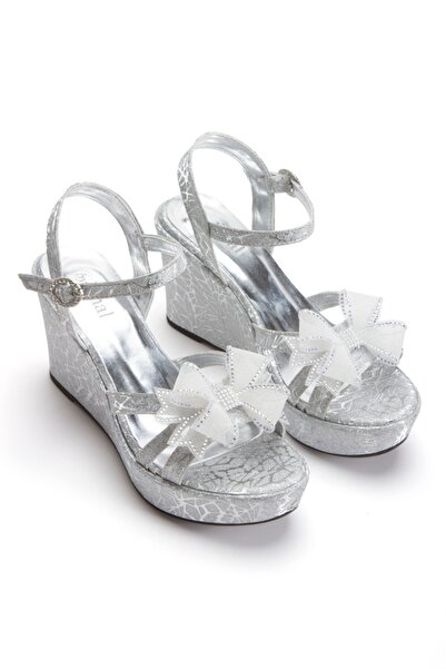 AYDOĞDU by ünal Silver Filled Heel Tulle Stone Bow Detailed Evening Dress Sho...