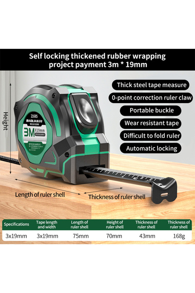 Choice شريط قياس أوتوماتيكي شديد التحمل بطول 3 أمتار وقطر 19 ملم، مطلي باحترا...