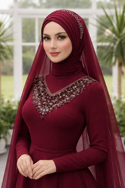 BERKE TUHAFIYE AKSESUAR Aksesuarlı Bordo Duvakli Alına Yapışık Hazır Duvak Ha...