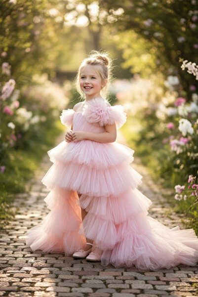 zühre balaban Önü Kısa Arkası Uzun Pembe Kız Çocuk Abiye Elbise Pink Tulle Gi...