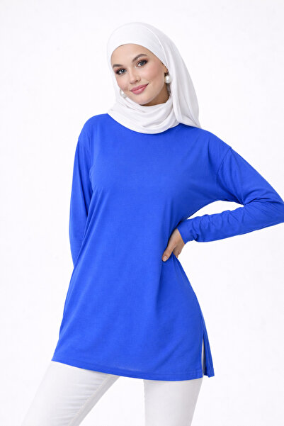 mirach Saks Mavi Pamuk Penye Tunik Uzun Kollu Bluz Tişört Üst