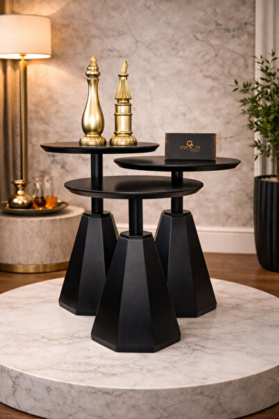 Gold Design PERA siyah ÜÇLÜ TAKIM yan sehpa zigon