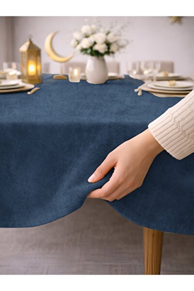 Perle Daily Series Kadife Dokulu Derin Mavi Rengi Masa Örtüsü
