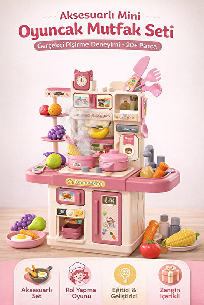 YILDIRIM OYUNCAK Mini Buharlı Mutfak Işıklı Çalışan Musluk Ve Kesilebilir Mey...