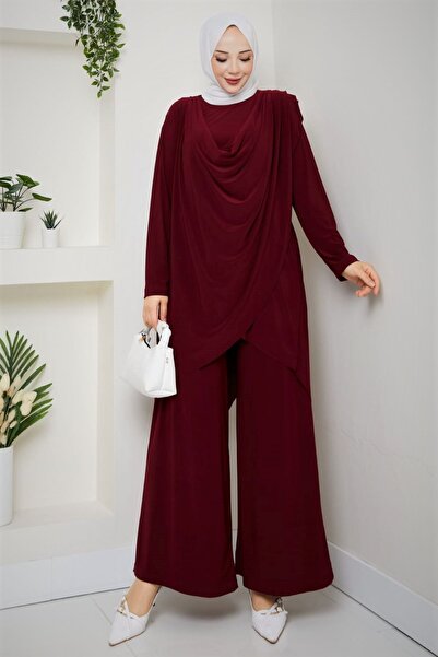 modamira Kadın Bordo Sandy Önü Dökümlü Asimetrik lazer kesim Davet Tarz Teset...