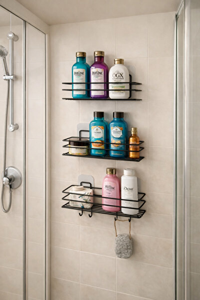 MayCap 3'lü Set Yapışkanlı 4 Kancalı Paslanmaz Mat Banyo Rafı Siyah