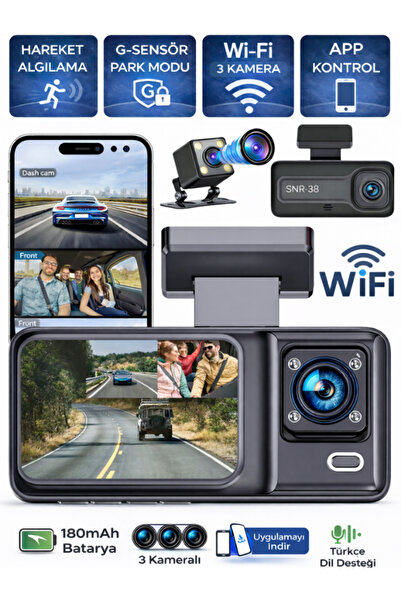 SONREİR SNR-38 Wi-Fi 3 Kameralı Araç içi Güvenlik Kamerası IR Gece Görüşü G-S...