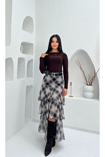 Nida Boutique Önden Yırtmaçlı Desenli Kat Kat Şifon Kemerli Etek