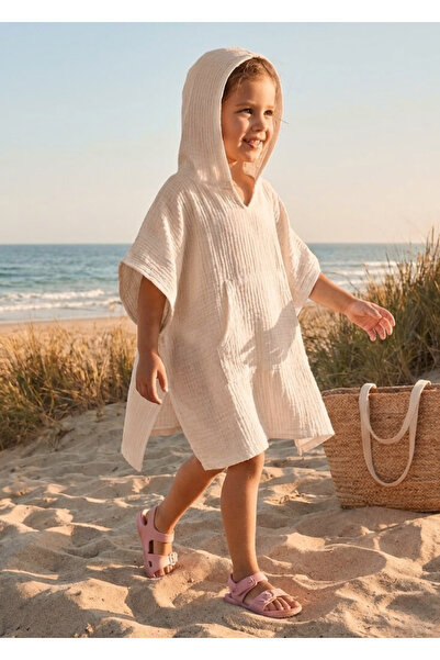 Joyous Mom Kids 4 Katlı Organik Muslin Bebek ve Çocuk Kapüşonlu Plaj Pançosu ...