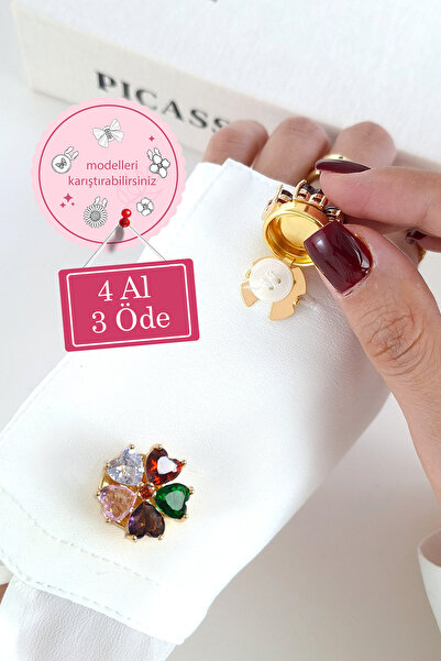 Norevia 4 Al 3 Öde Renkli Kalpli Çiçek Yaka ve Kol Düğmesi Kapağı ve Broşu Al...