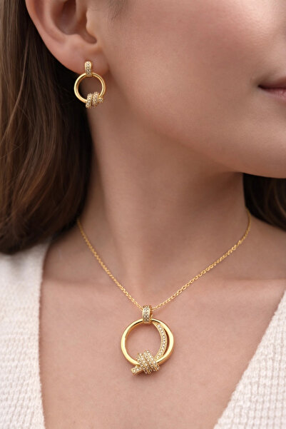 FERRO Sarı Çelik Kadın Küpe ve Kolye Set FRJW10012A-B 2 Yıl Garantili Hediye ...