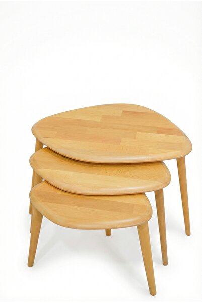 BAUPOR Doğal Ahşap Zigon Sehpa, Masif 3'lü Set, Modern Masif Yan Sehpa