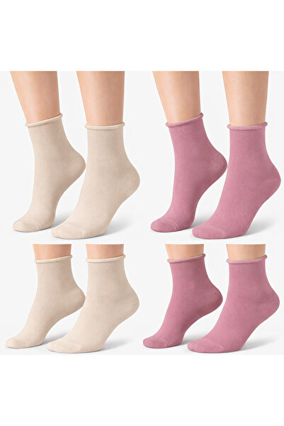 ZvM 2-пари Roll Top без ластик дамски чорапи в цвят беж с розови кантове